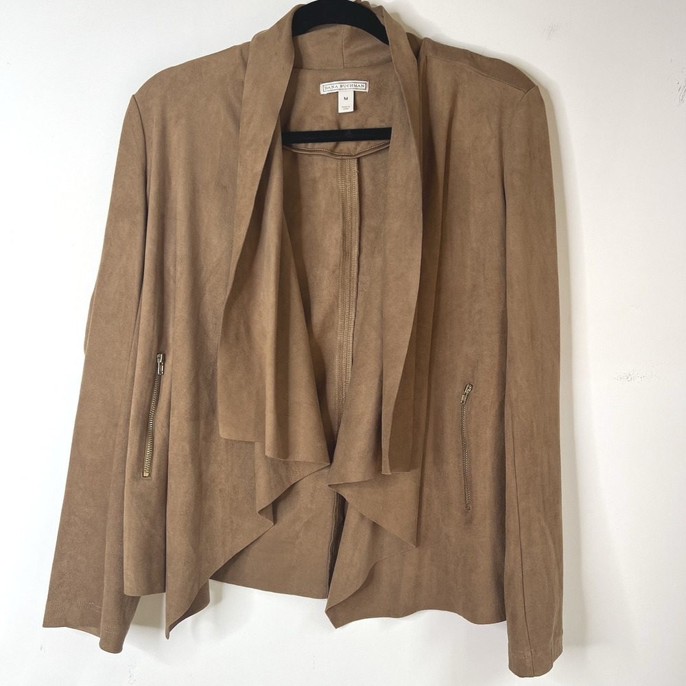 Dana Buchman Faux Suede Draped Open Front Waterfall Jacket Tan Brown Womens M